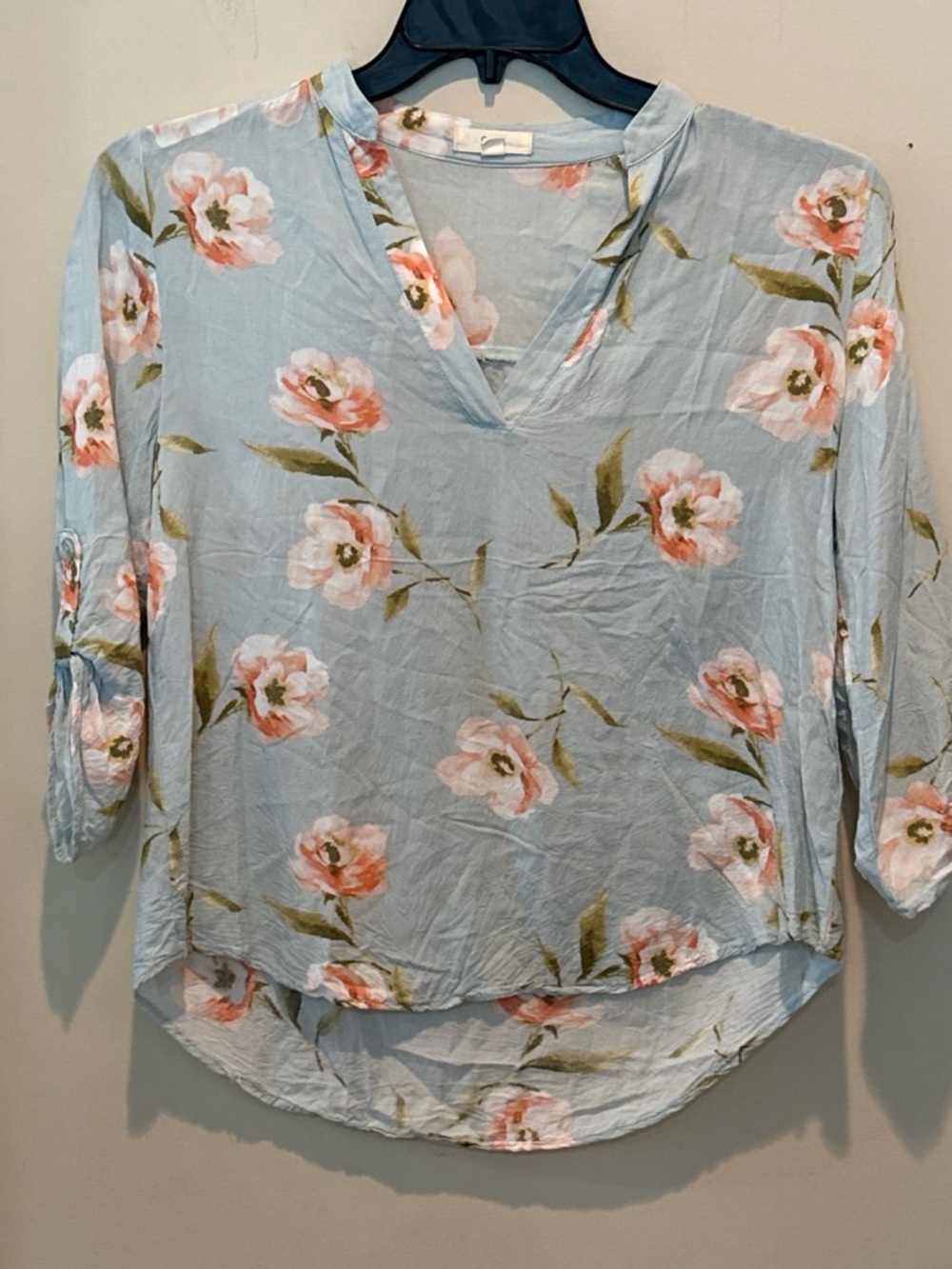 Light Blue Floral V-Neck Blouse by